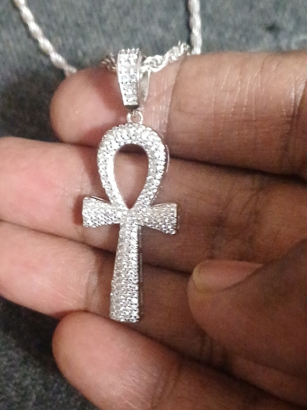 Sterling Silver Ankh Pendant Necklace - Clear Crystal Accents